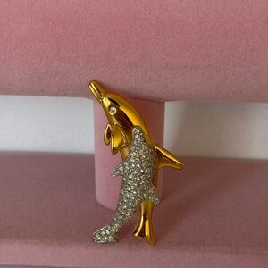 Vintage 1992 Swarovski Crystal Dolphins Brooch Limited Edition Gold Tone
